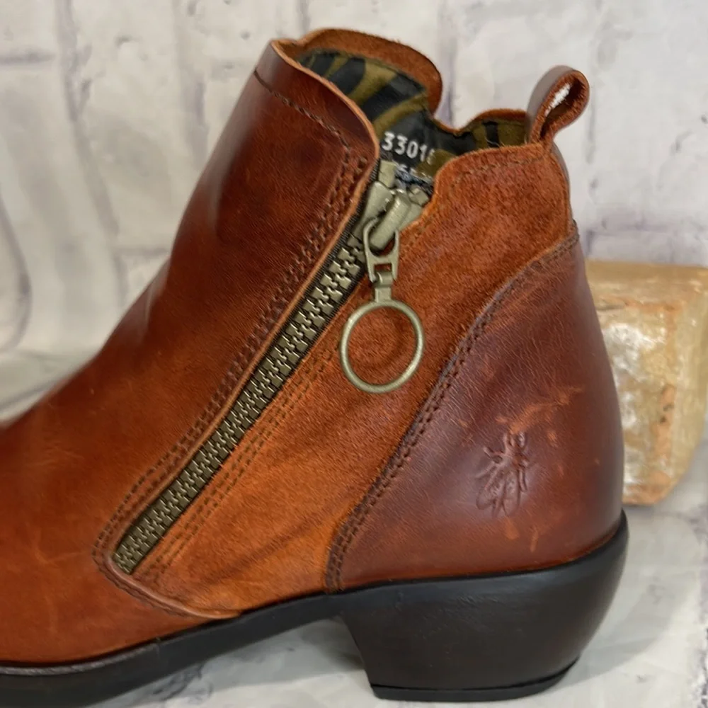 Fly London Meli Ankle Boots Brown Leather and Suede Upper with Ring Zipper Pull
